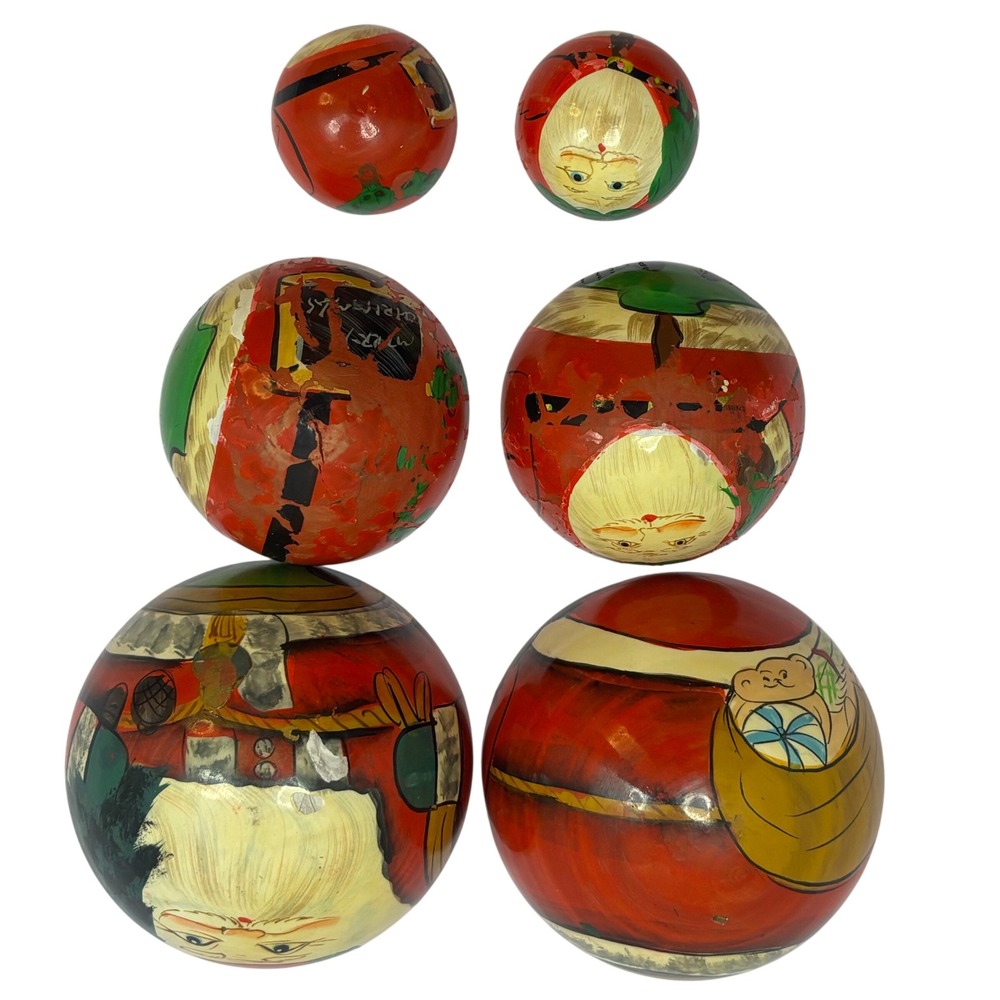 Vintage Santa Claus Wooden Nesting Spheres With 3 Christmas Matryoshka Dolls